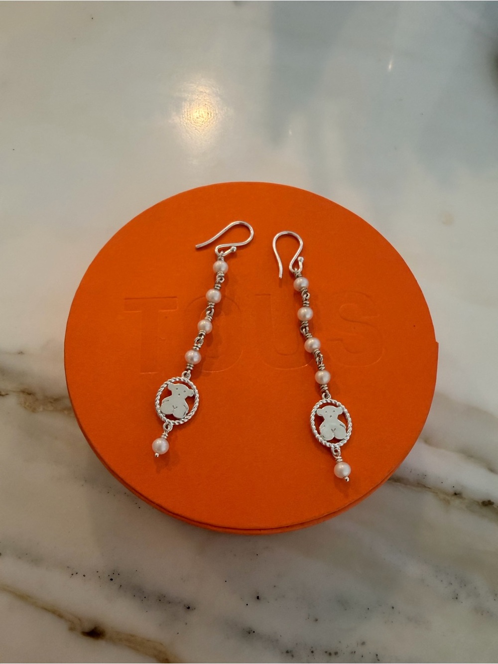 TOUS Silver Bear Medallion Drop Earrings with White Pearls